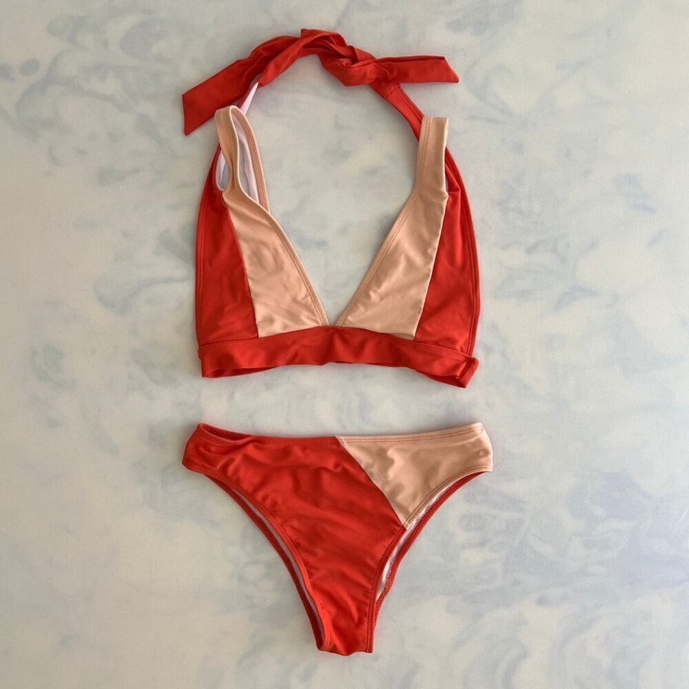 Cupshe Pink & Orange Retro Halter Tie Full Coverage Bikini